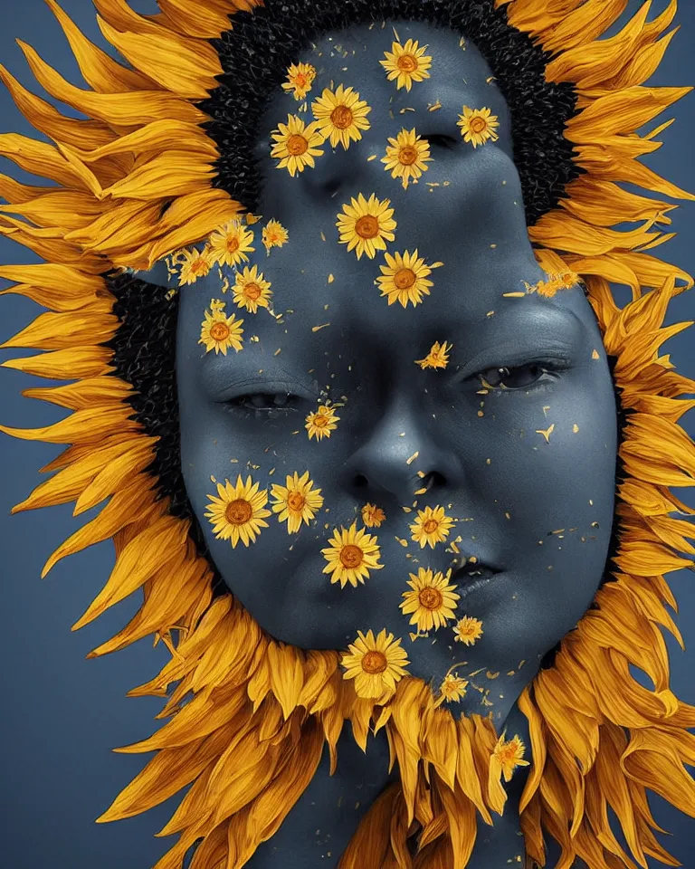 Prompt: symmetrical painting of a fractured black obsidian greek woman statue of a topaz spikes sunflowers lightblue drip acrylic paint fixed with kintsugi, rendered in octane trending on cgsociety. extremely detailed and intricate art