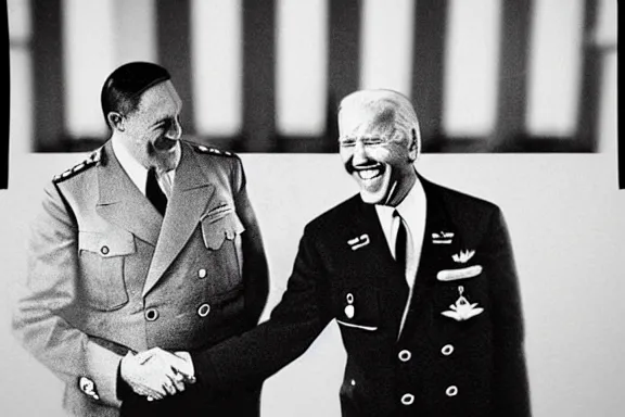 Image similar to “ very very intricate photorealistic photo of hitler and joe biden laughing together, detailed natural lighting, award - winning crisp details ”