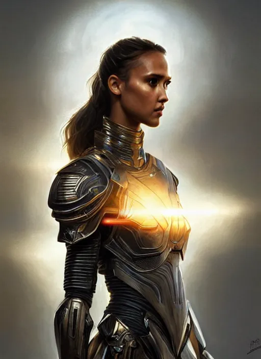 Prompt: portrait of a beautiful female soldier from the future wearing armor, jessica alba, intricate, elegant, glowing lights in armor, highly detailed, digital painting, artstation, glamor pose, concept art, smooth, sharp focus, illustration, epic angle, art by artgerm and greg rutkowski, artey freytag, alvin schwartz