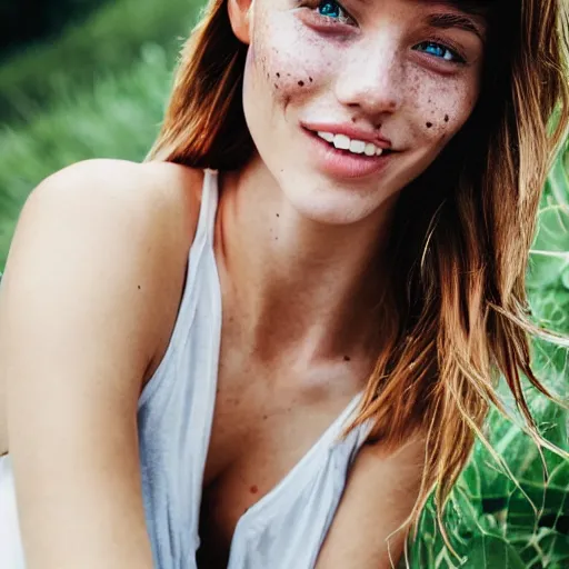 Prompt: a trending photo of over a million views from a female fashion model's instagram account, summer, freckles, smile, green eyes, natural, easygoing, healthy, nikon, leica, zeiss, 5 0 mm lens, flash fill, f 1. 8 depth of field