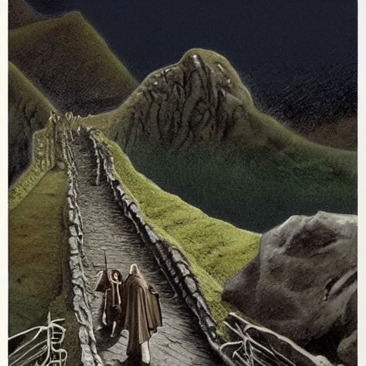 Image similar to A scene from The Lord of the Rings, with Frodo and Sam walking through Mordor. The colors are very dark and ominous, and the composition is very simple. This is an illustration, done in a traditional painting style with a focus on light and shadow. The artist is Alan Lee, and the artwork is called The Journey