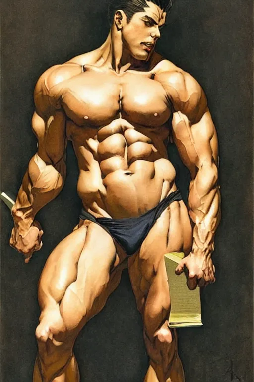 Image similar to attractive man reading book, muscular, painting by j. c. leyendecker, yoji shinkawa, katayama bokuyo