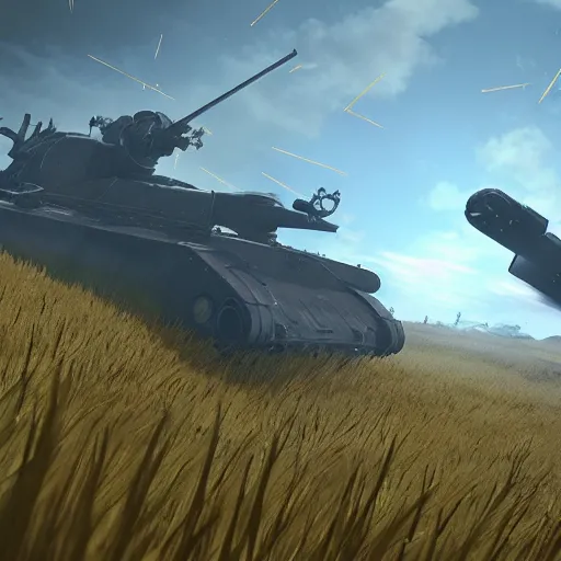 Prompt: a high resolution very detailed image from nier : automata of the russian tank final boss fight, in yellow rye field under blue sky