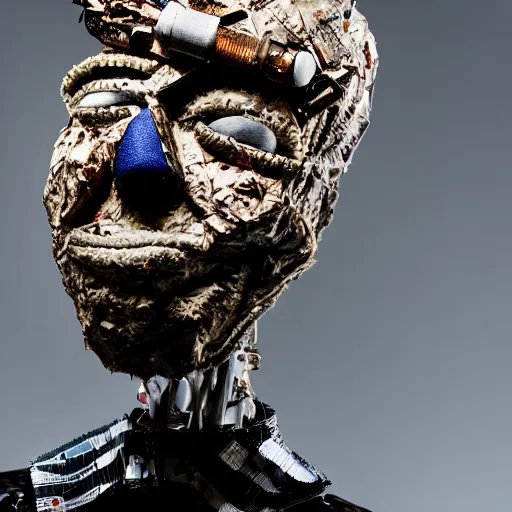 Prompt: papier - mache mechanical man holding a digital brain. studio lighting, canon 5 d 5 0 mm lens