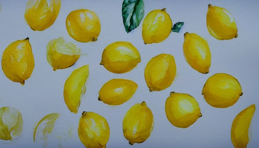 Prompt: watercolor painting of lemons on white paper, bright, white table, white walls