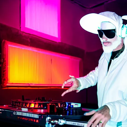 Image similar to goat dj in a white jacket, retrowave, neon light,