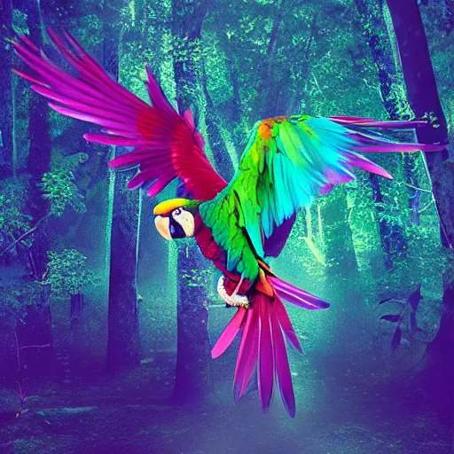 Prompt: “a beautiful hologram of a psychedelic macaw flying through the forest, trending on artstation, 4k, volumetric lighting, octane render, photorealistic,” n - 9