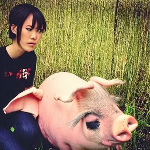 Prompt: “a tall emo girl with the head of a pig, in a Tokyo izakaya, grass and weeds”