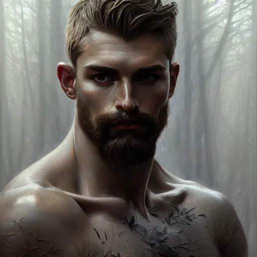 Image similar to portrait of forest god, male, clear face, masculine, upper body, muscular, fantasy, intricate, elegant, hairy torso, highly detailed, digital painting, artstation, concept art, matte, sharp focus, illustration, art by artgerm and greg rutkowski and alphonse mucha