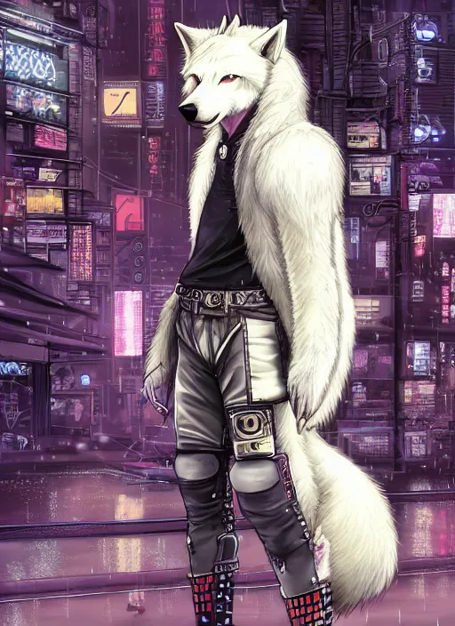 Prompt: character portrait of a male anthro albino wolf fursona with a tail and a cute beautiful attractive detailed furry face wearing stylish cyberpunk pants and boots, no shirt in a cyberpunk city at night while it rains. hidari, color page, tankoban, 4K, tone mapping, Akihiko Yoshida.
