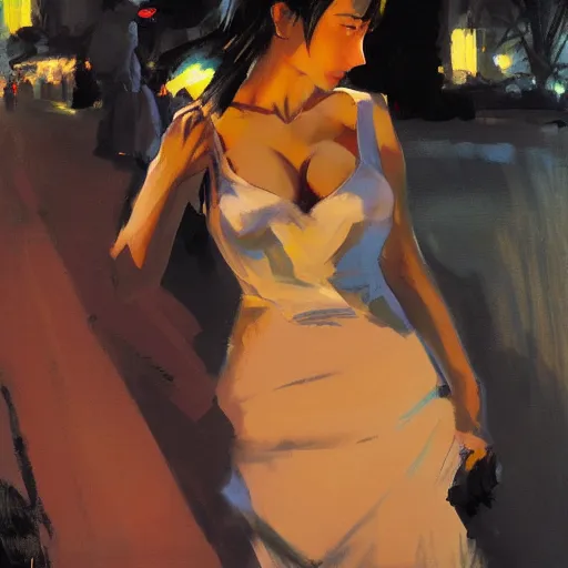 Prompt: greg manchess painting of an anime woman, direct flash photography at night, makoto shinkai