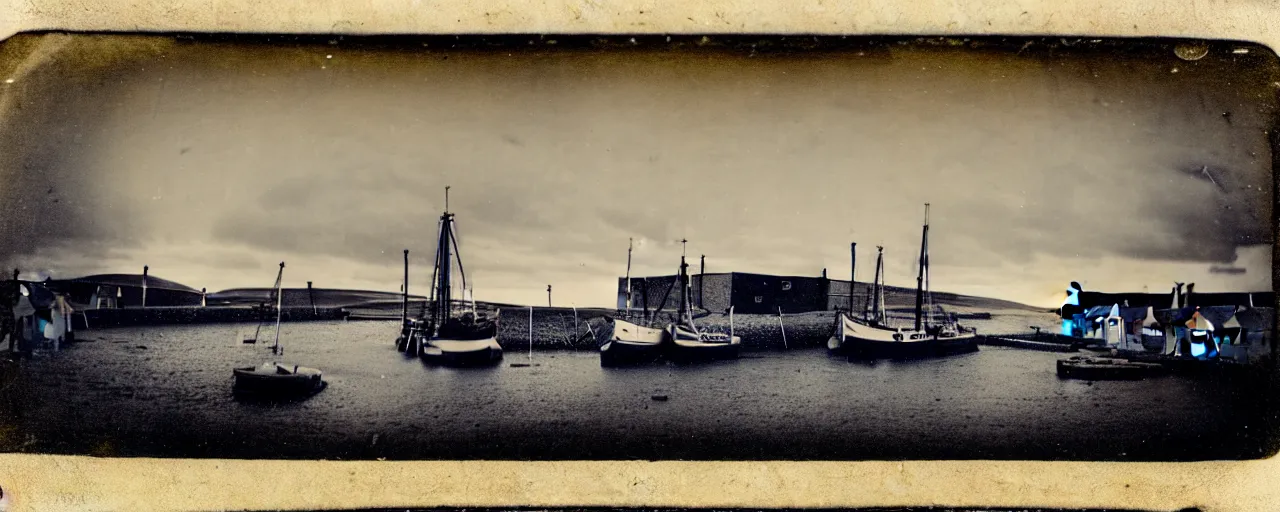 Image similar to a tintype photograph of the harbour at Stromness orkney