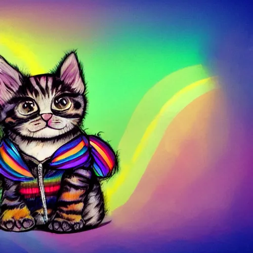 Image similar to wide angle full body, jacket wearing fluffy cute rainbow kitten wearing a black leather motorcycle jacket, concept art