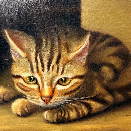 Image similar to tabby cat in front of a dark background, oil paining, highly realistic, romantic style