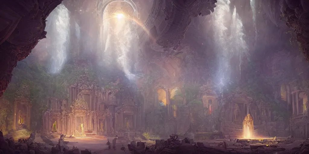 Image similar to Detailed Interior of Temple Ruins, Waterfall walls, light of god, bloom light shafts, incense, stunning atmosphere, in Style of Peter Mohrbacher, cinematic lighting