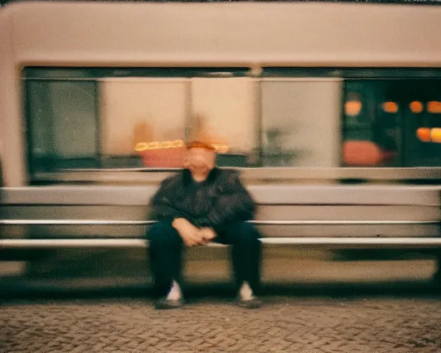 Prompt: a lomographic photo of russian lone man sitting in bus station at early evening in small town, cinestill, bokeh