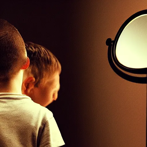 Image similar to the young boy looks at mirror, see himself as wise old man by concept art, character art, masterpiece, finction, wisdom, imagination, weirdness, epic, ultimate, ultra detailed, smooth, sharp focus, cinematic, black background, soft lighting, 8 k hd resolution, high quality image