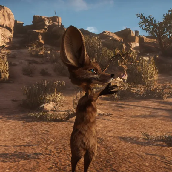 Image similar to screenshot of an anthropomorphic blue fennec fox in red dead redemption 1
