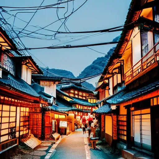 Prompt: a cozy Japanese village at night with bustling people