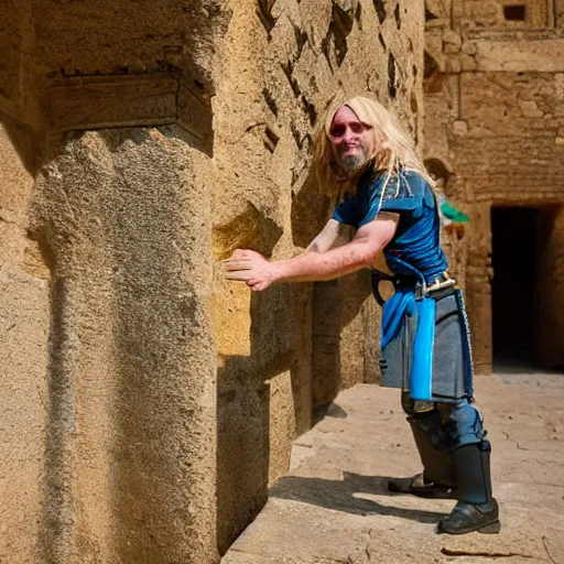 Prompt: a clash royale goblin with blonde long hair visiting Valle dei Templi, Agrigento, Italy