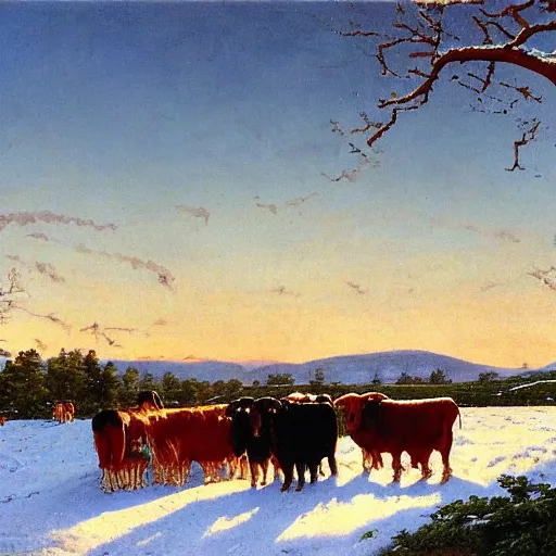 Prompt: feeding the animals at sunrise, dog, cows, sheep, chickens, ducks,, 4 k, ranch the morning after a light snowfall, by bob ross and norman rockwell