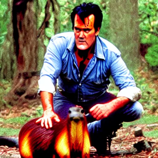 Prompt: Bruce Campbell as Ash from Evil Dead, with a capybara