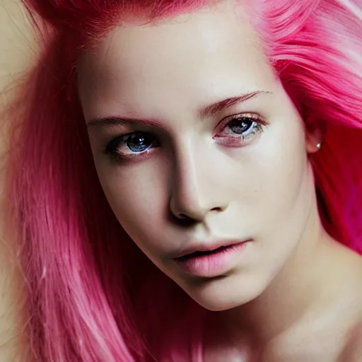 Prompt: portrait of a beautiful 20-year-old woman with pink hair by Mario Testino, ca. 1990, close up, detailed, award winning, Sony a7R