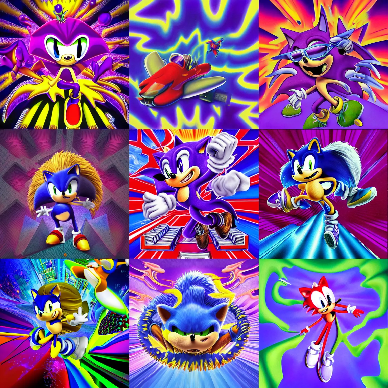 Prompt: surreal, sharp, detailed professional, high quality airbrush art MGMT album cover of a liquid dissolving LSD DMT sonic the hedgehog on a flat purple checkerboard plane, 1990s 1992 prerendered graphics raytraced phong shaded album cover