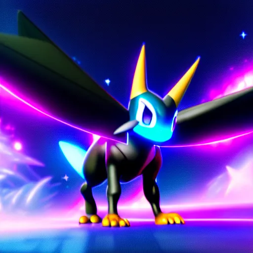 Image similar to Dream Black Legendary Cosmic Pokemon , Disney style , octane render , 4k , HD , Pixar Render