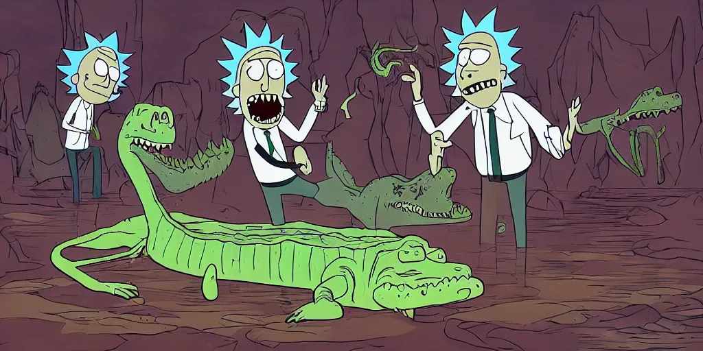 Image similar to rick sanchez falls into a river and gets eaten by a crocodile. concept art for rick and morty.