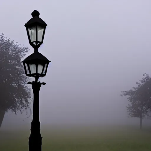 Image similar to a victorian street lamp in a foggy field at dusk, indigo sky