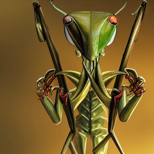 Prompt: and anthropomorphic praying mantis with a mitre and crosier, preaching at the pulpit to an audience, ultra detailed, 8 k, trending on artstation, award - winning art,