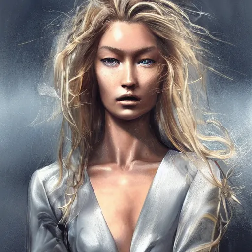 Prompt: portrait of a girl by simon bisley, mixture between doutzen kroes and gigi hadid, she is about 2 5 years old, long curly hair, very tall and slender, she is wearing a battle mech suit, highly detailed portrait, digital painting, artstation, concept art, smooth, sharp foccus ilustration, artstation hq