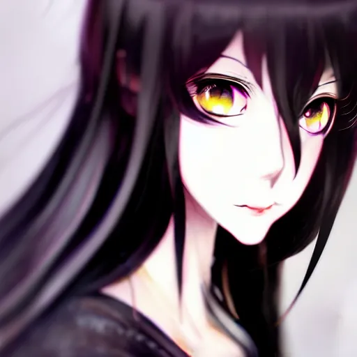 Image similar to front-facing headshot of a young gothic anime woman with black hair and golden highlights, wearing pretty makeup, drawn by WLOP, by Avetetsuya Studios, anime portrait, trending on artstation