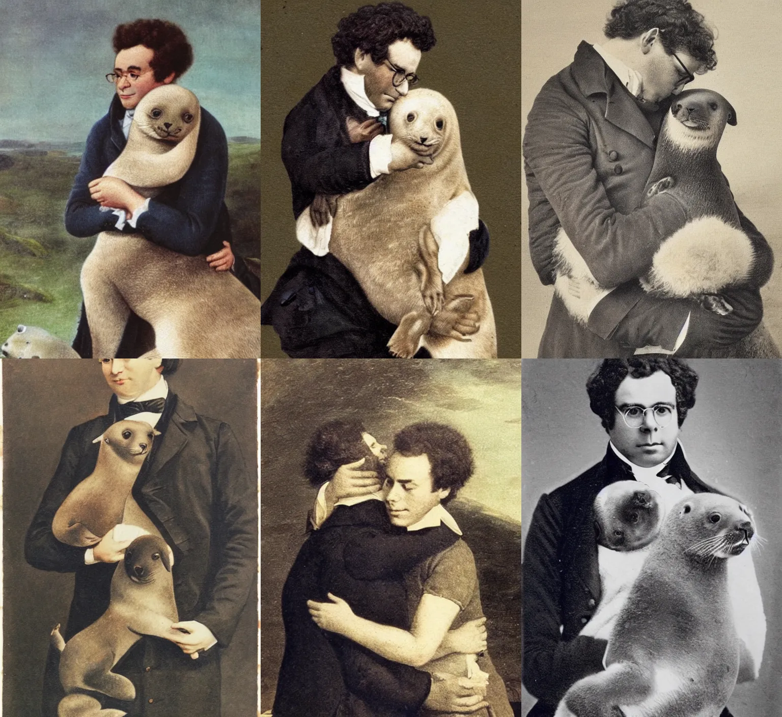 Prompt: a photo of franz schubert hugging a seal pup, instagram, colorized, photo from 1 8 2 0 s