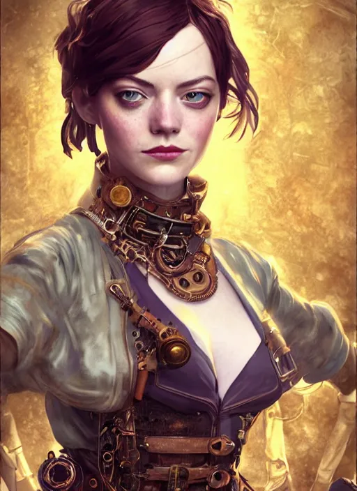Image similar to steampunk portrait of emma stone as emma watson, hyper detailed, digital art, cinematic lighting, studio quality, smooth render, unreal engine 5, octane rendered, art style by klimt and nixeu and ian sprigger and wlop and krenz cushart.
