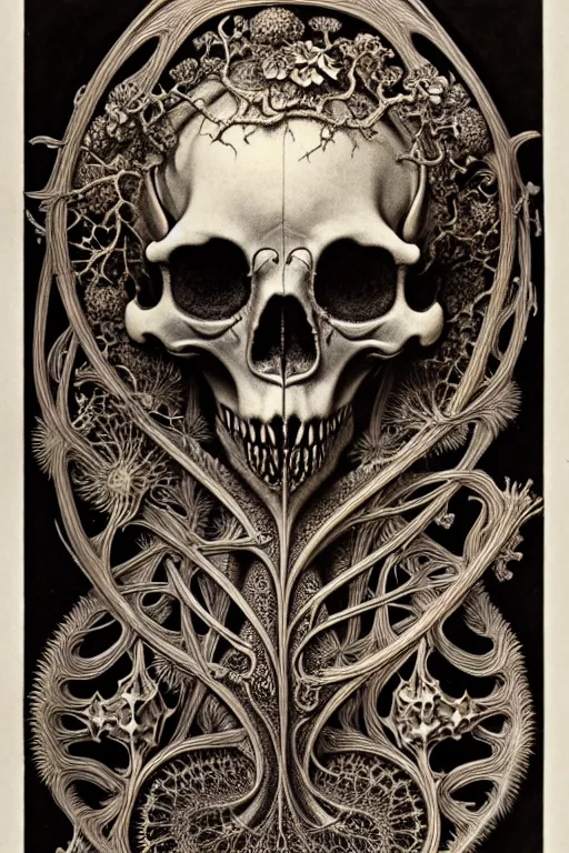 Image similar to art forms of nature by ernst haeckel, memento mori by arthur rackham, ornate antique porcelain beautiful skull mask, ultrasharp, photorealistic, hyperdetailed, octane render, polished, art nouveau, neo - gothic, gothic, intricate ornamental organic filigree, art nouveau botanicals, art forms of nature by ernst haeckel, horizontal symmetry, symbolist, visionary