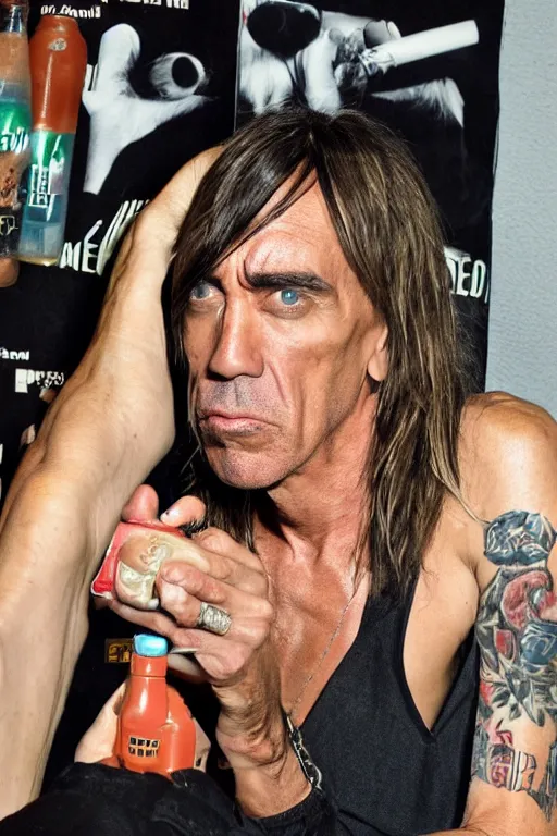 Prompt: a plastic soda bottle containing iggy pop