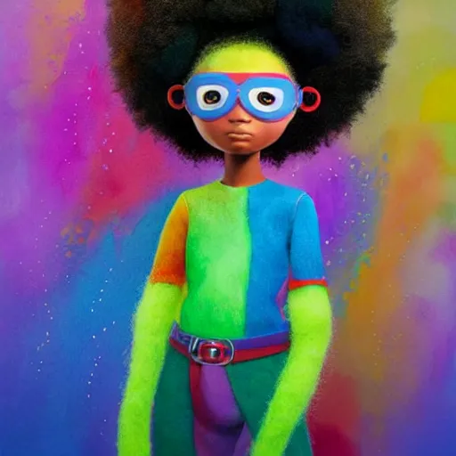 Prompt: a black girl with a colorful afro and rainbow eyes, dressed like a superhero in the city, bokeh, bright colours, watercolor, volumetric wool felting, macro photography, children illustration, by goro fujita