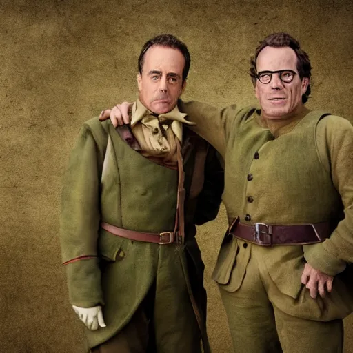 Image similar to jerry seinfeld and bryan cranston in the civil war dressed up like shrek on the battlefield, old timey combat photography combat art by stuart brown 8 k hyperrealism