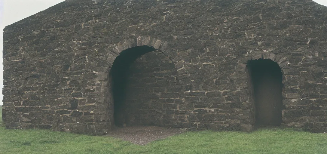 Image similar to scottish blackhouse designed by oscar niemeyer. fujinon premista 1 9 - 4 5 mm t 2. 9. portra 8 0 0.