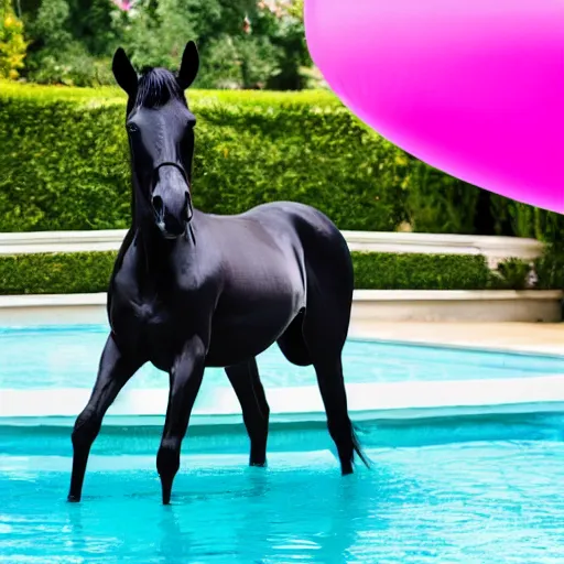 Image similar to a black horse taking a nap on a pink pool float hyperrealistic 4k 35mm fashion photography vogue magazine photoshoot