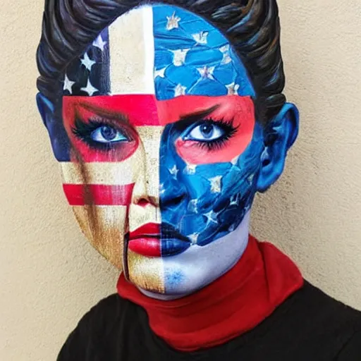 Image similar to a beautiful portrait sculpture designed by Sandra Chevrier, tribal head dress, American stars and stripes on face