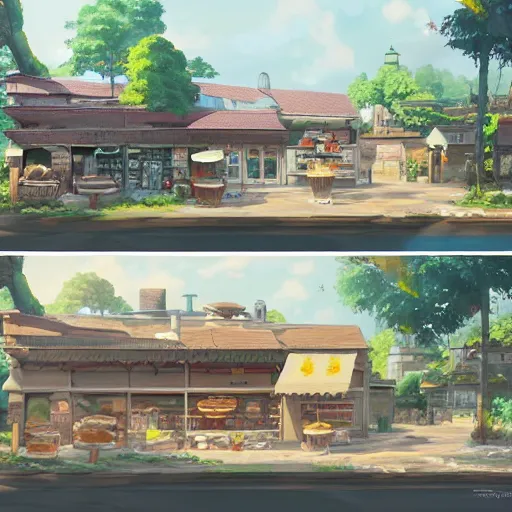 Image similar to concept art painting of a bakery with european and japanese architecture, in a village surrounded by trees, realistic, detailed, cel shaded, in the style of makoto shinkai and greg rutkowski and james gurney