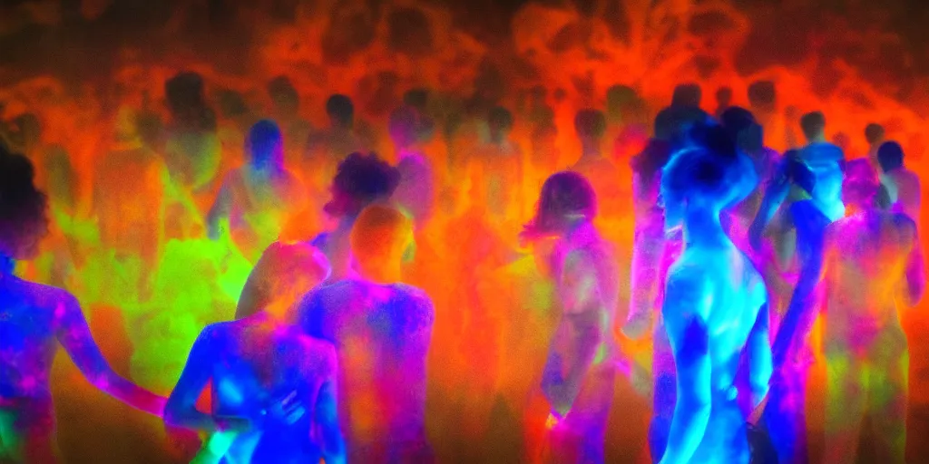 Prompt: love, groups of people in glowing thermal colors, from behind, rebirth, wide angle, cinematic atmosphere, elaborate, highly detailed, thermal heat colors, dramatic lighting