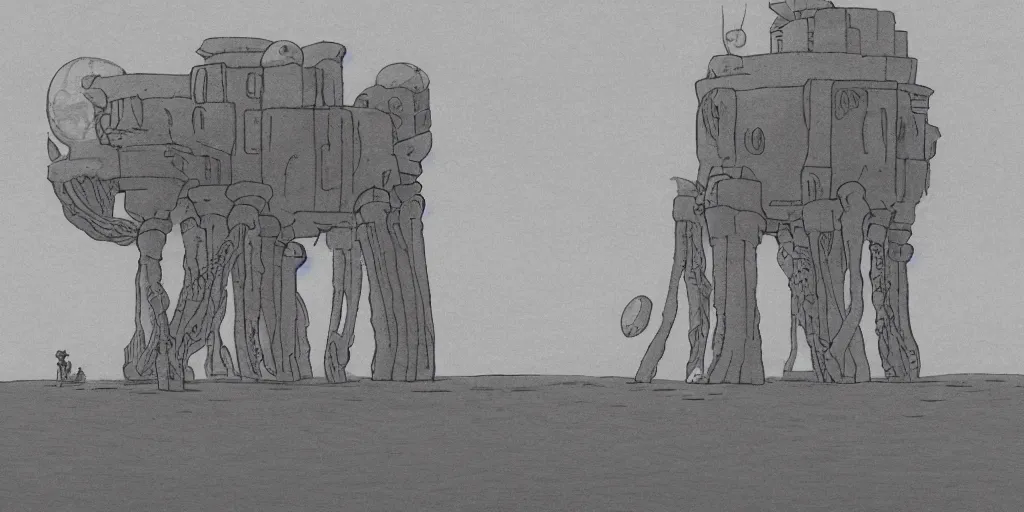 Image similar to a realistic cell - shaded studio ghibli concept art from paprika ( 2 0 0 6 ) of a flying intelligent dull grey mechanical octopus from close encounters of the third kind ( 1 9 7 7 ) in a flooded monument valley stonehenge. very dull colors, wide shot, hd, 4 k, hq