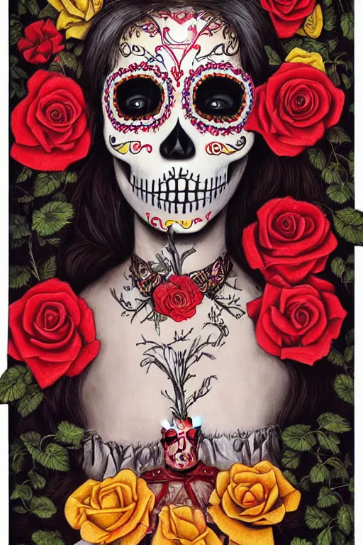 Prompt: Illustration of a sugar skull day of the dead girl, art by michael cheval