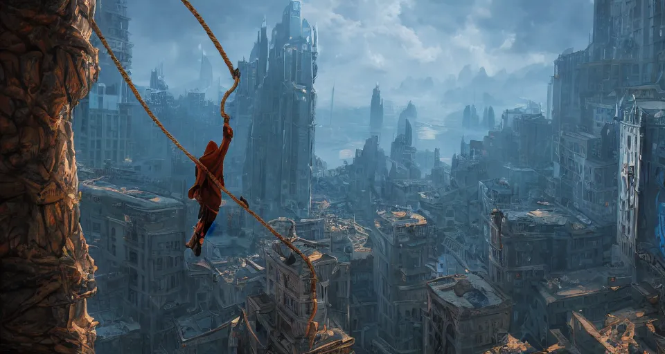 Prompt: an epic fantasy comic book style landscape painting of a hooded thief using a rope to climb a tall building with a fantasy city, unreal 5, daz, hyperrealistic, octane render, dynamic lighting, award winning, 8 k, ultra wide angle