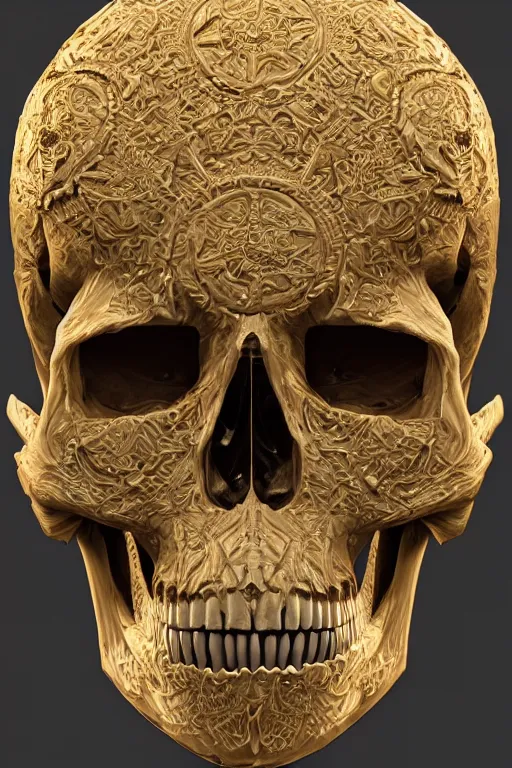 Image similar to hyperrealistic 3 d render skull, the skull is decorated with art deco gears patterns, hyperrealistic, volumetric lighting, ultra detailed, elegant, octane render, blue and gold, 8 k, trending on artstation, unreal engine