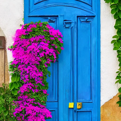 Image similar to painting of a european blue door surrunded by bougainvillea award winning fuzzy